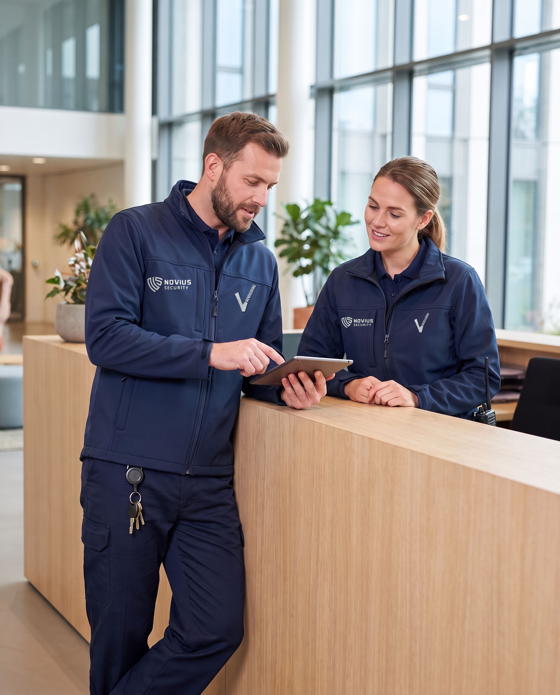 Twee beveiligers bespreken een dienstoverdracht