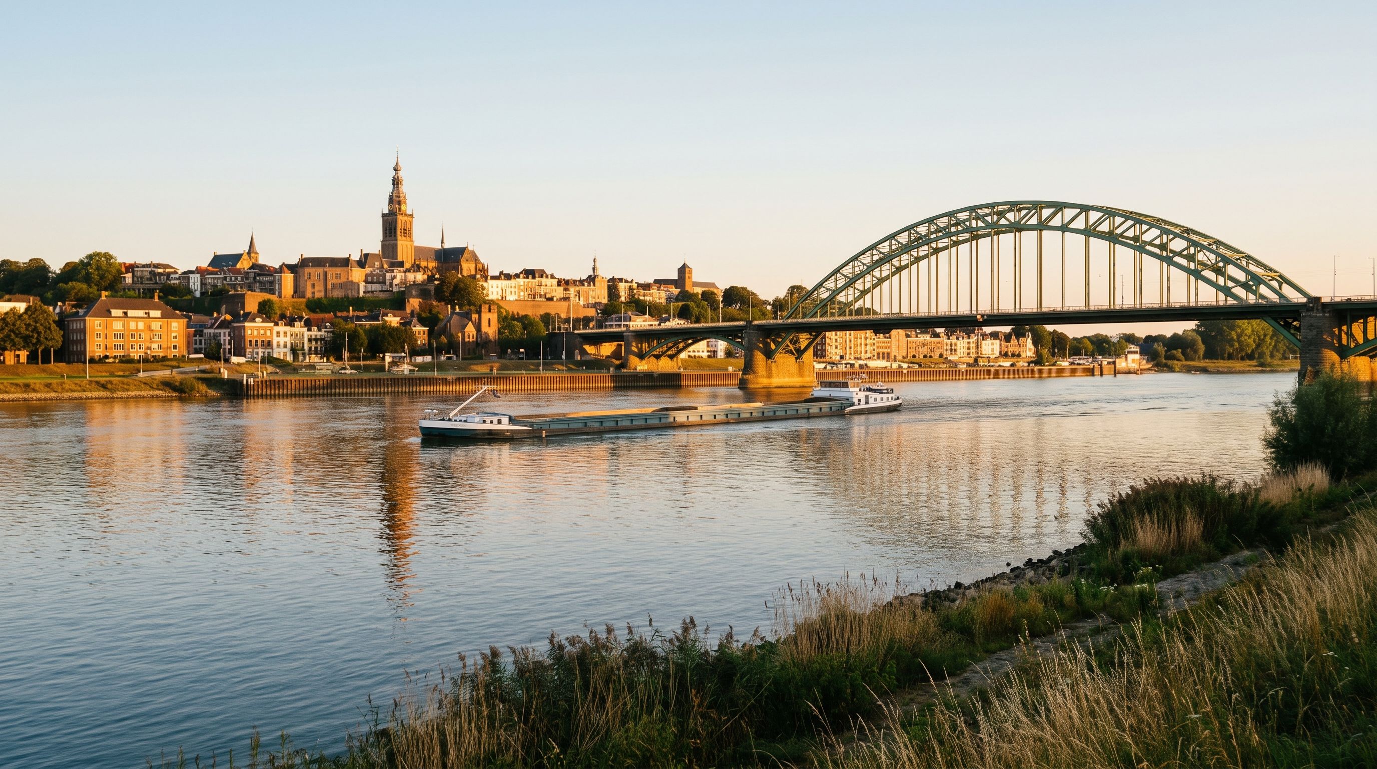 De Waalbrug over de Waal met de binnenstad van Nijmegen en de Stevenskerk