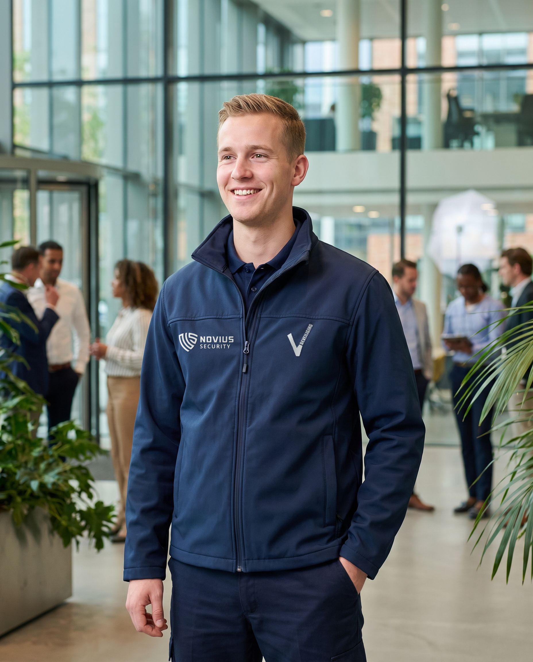 Beveiliger in uniform glimlacht tijdens een dienst