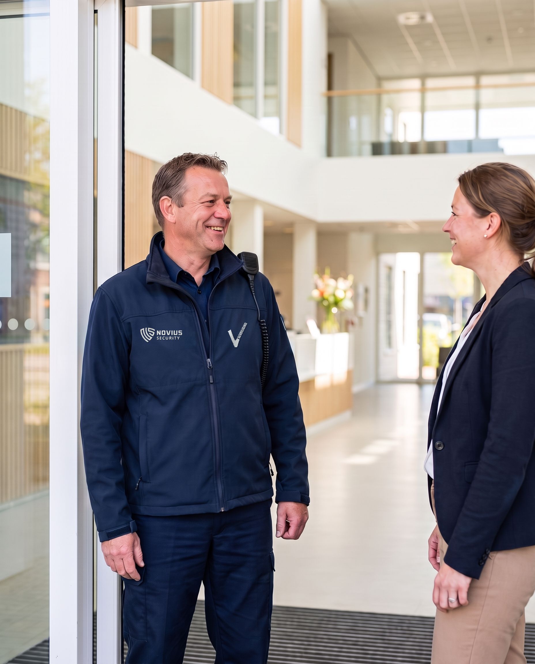 Beveiliger van Novius Security in gesprek met een medewerker bij de entree van een modern gebouw
