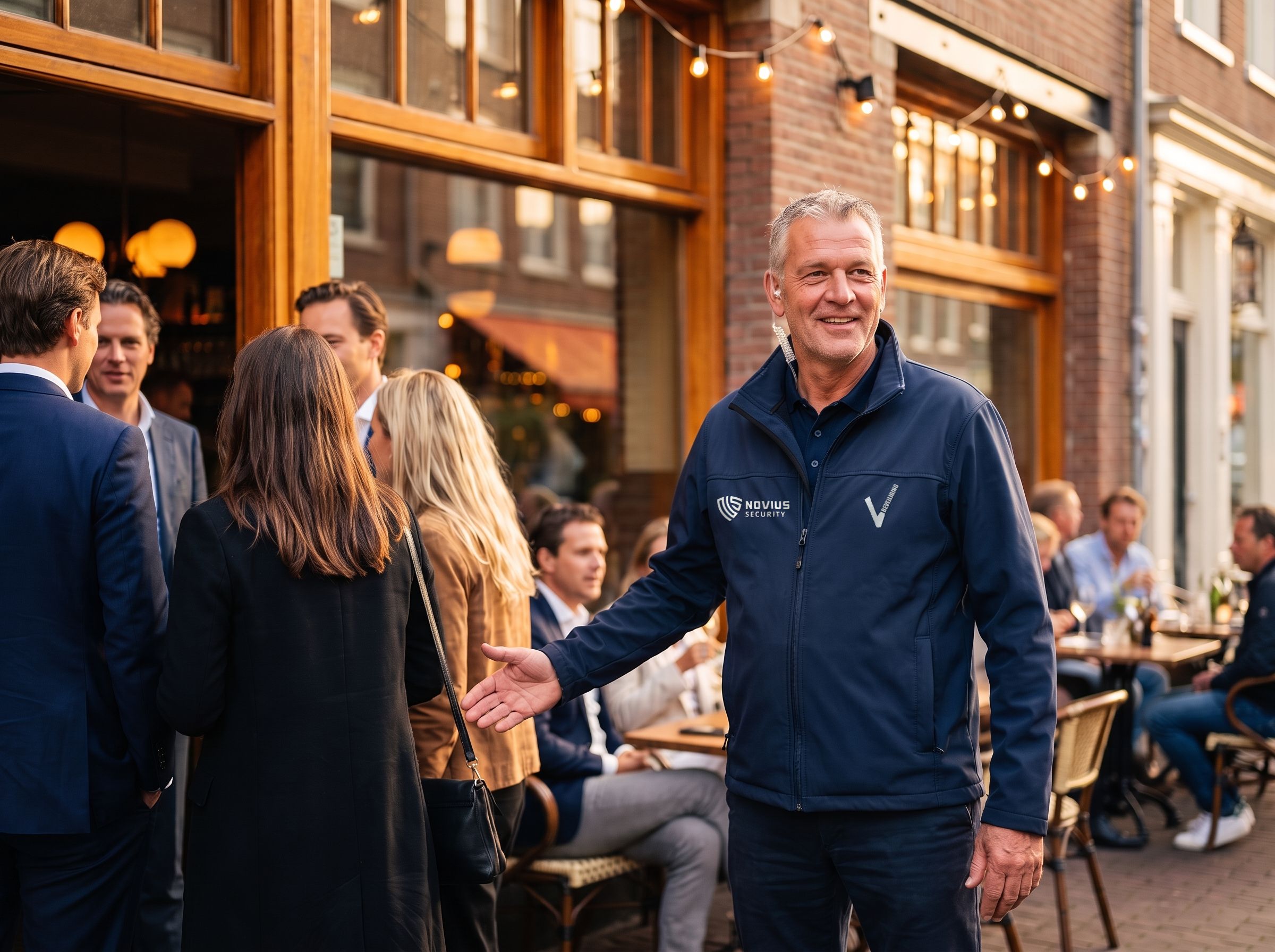 Portier ontvangt gasten bij de deur van een horecazaak